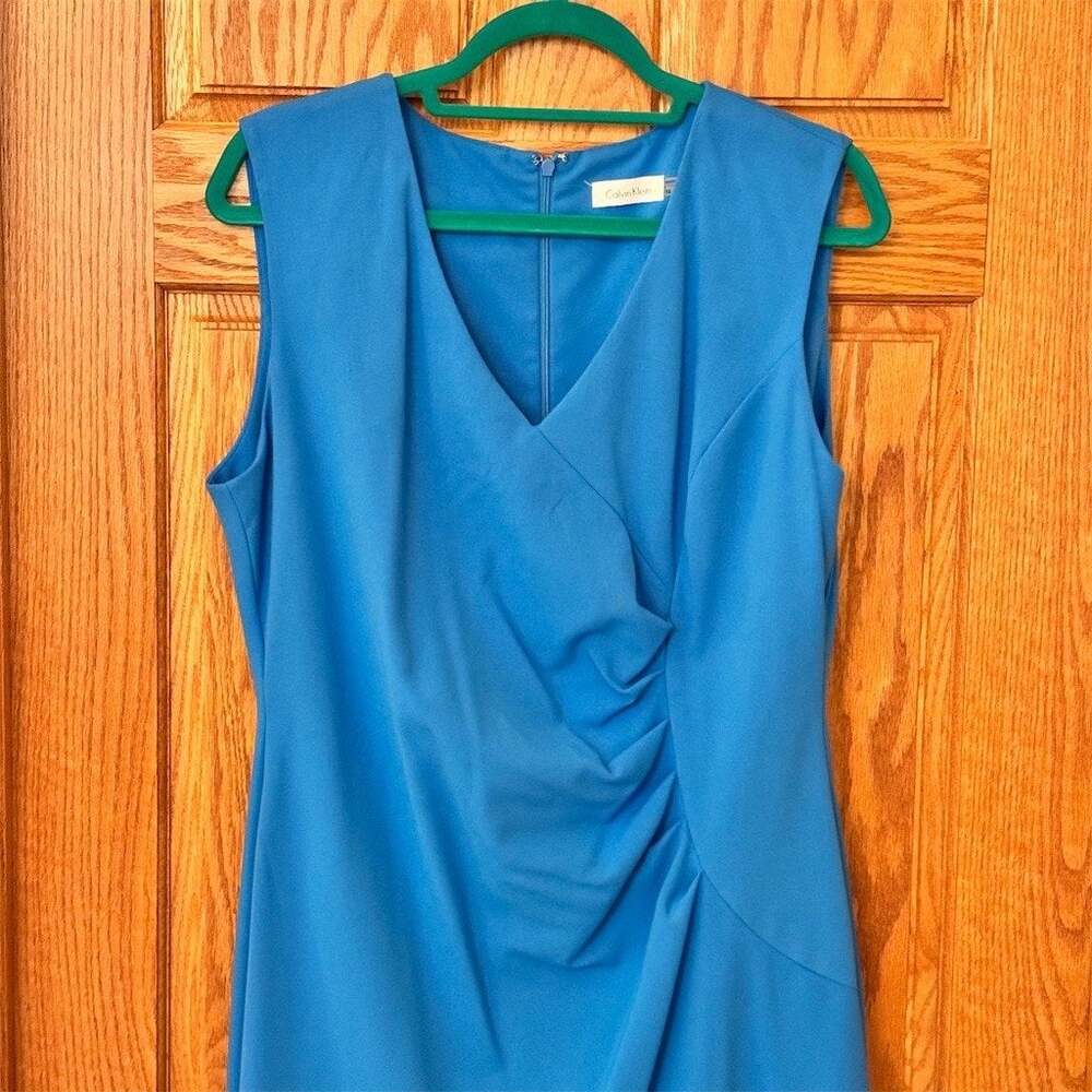 Calvin Klein Dress Womens Size 14 Blue Sleeveless V-Neck Ruched Sheath - Picture 3 of 7